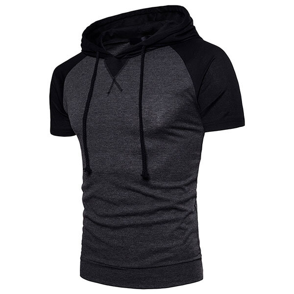 Men's Hooded Drawstring Patchwork Short Sleeve T Shirt - AA Sourcing LTD