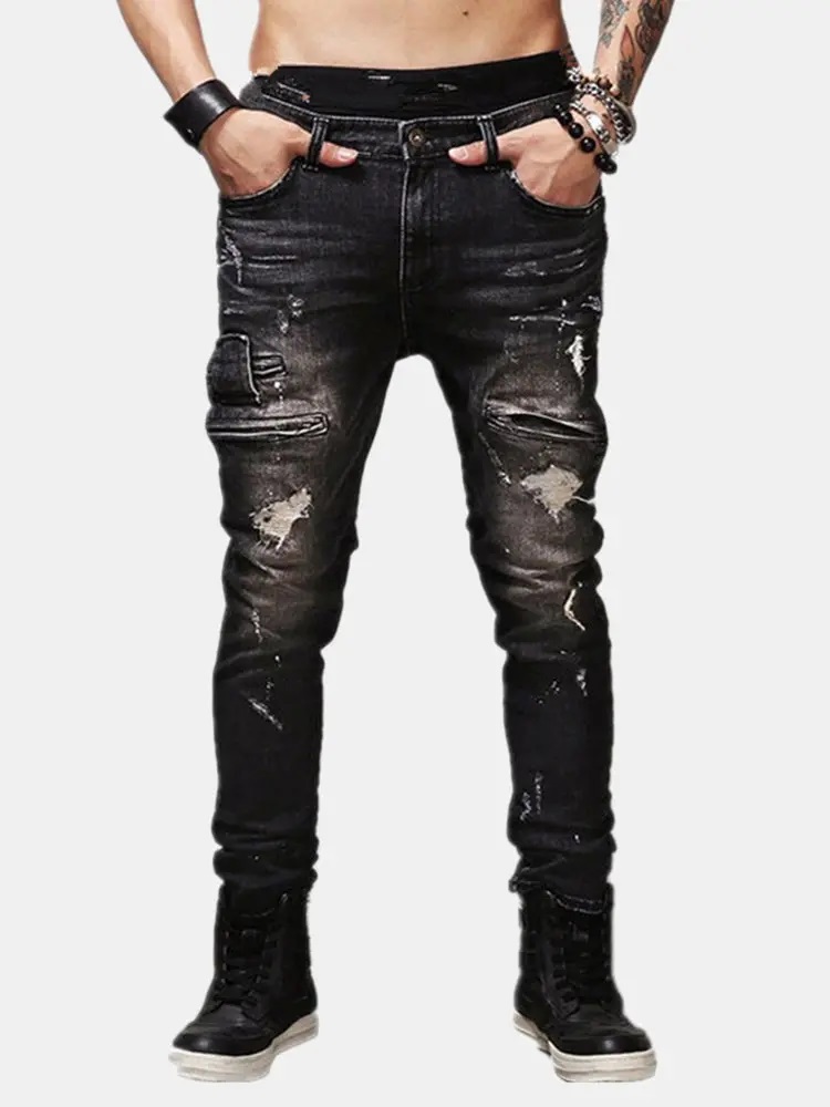 Men's Hip-Hop Ripped Pants Knee Zipper Pocket Cotton Jeans - AA ...